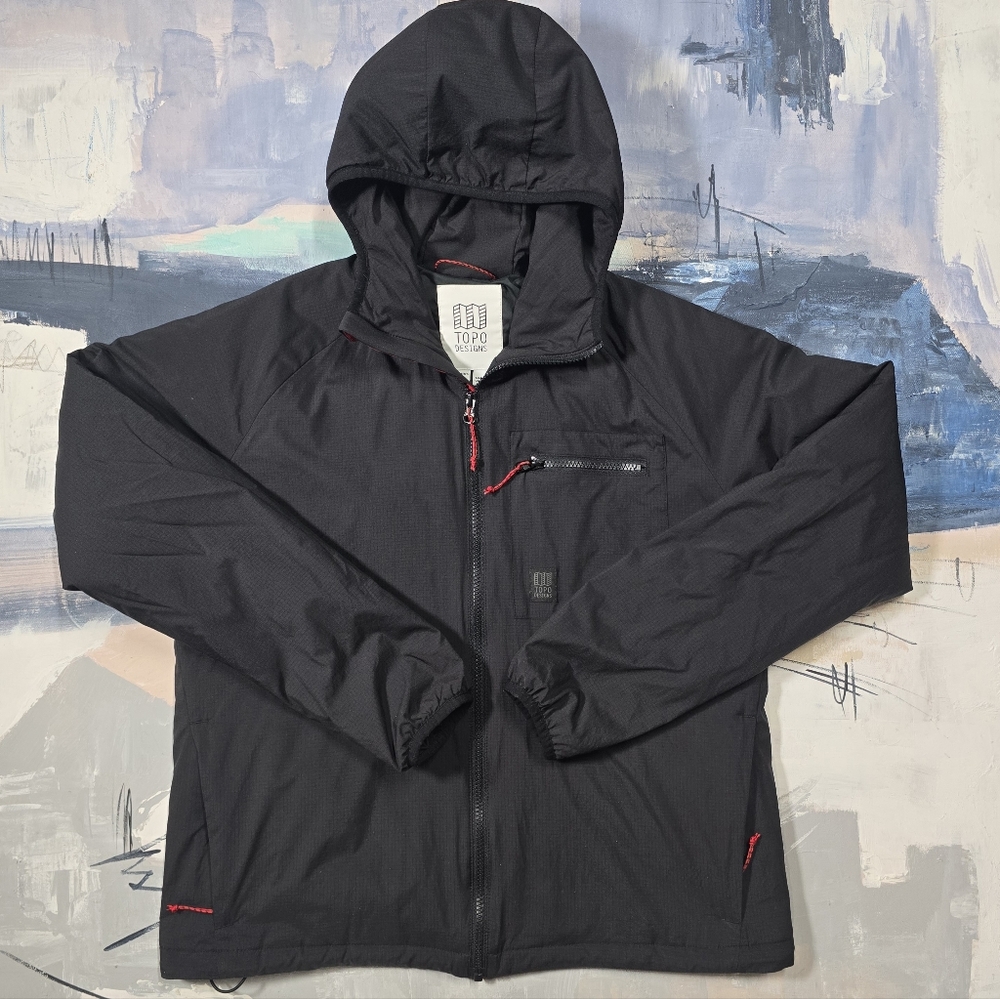 Topo Designs Black Red Primaloft Insulated Puffer Hoodie Full Zip Women's Large